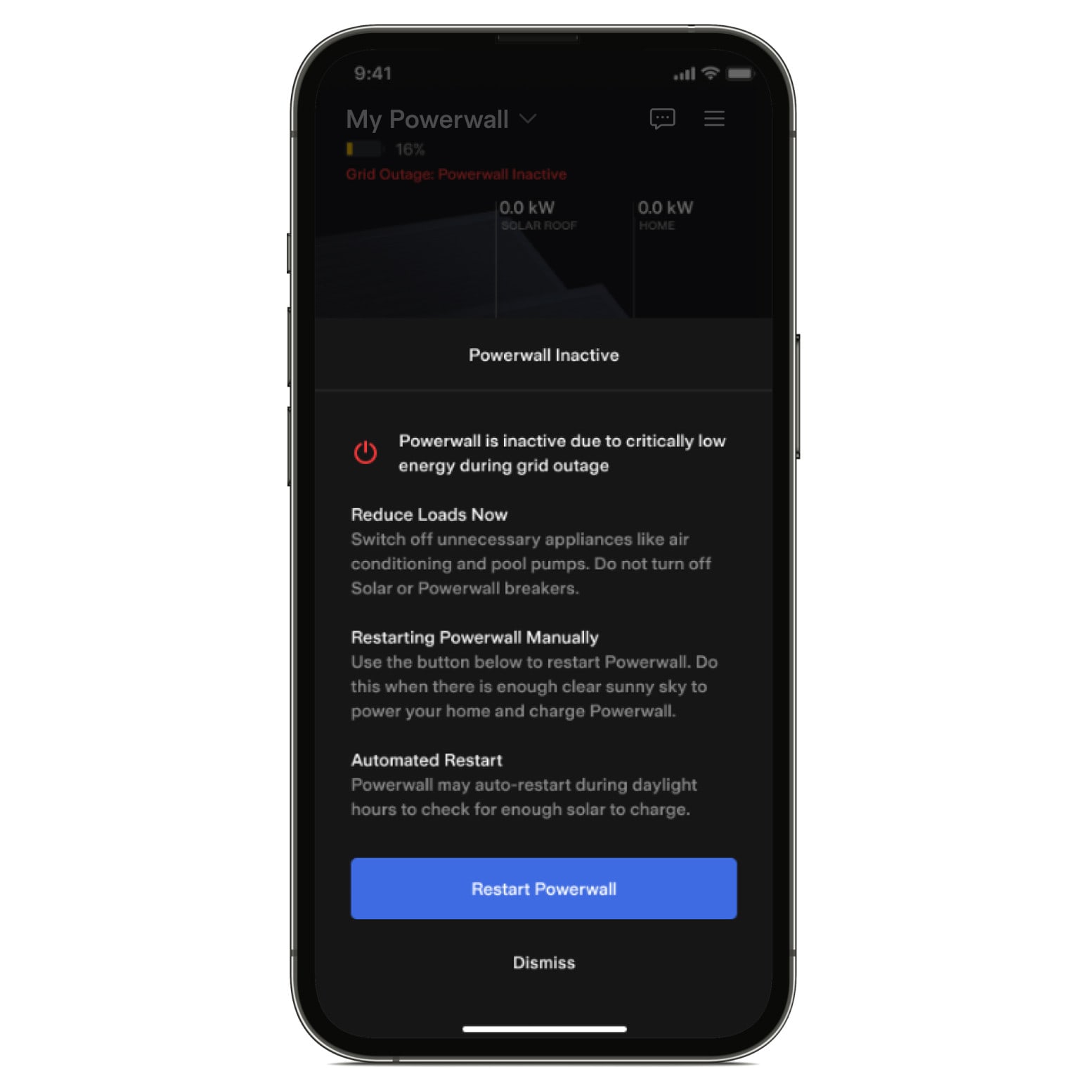 Powerwall Remote Restart Option in Tesla App