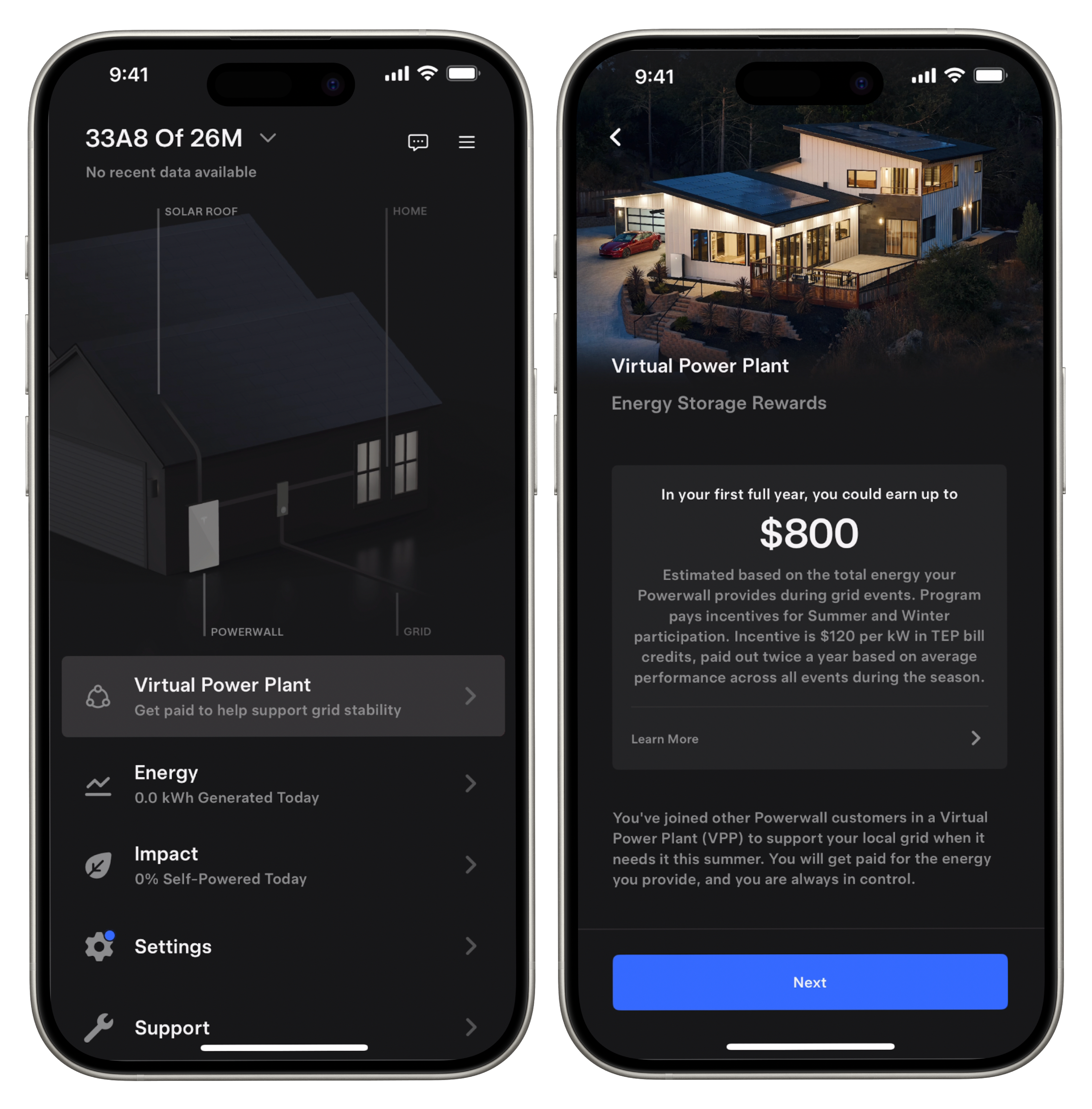 Tesla app home screen with entry point to TEP Virtual Power Plant