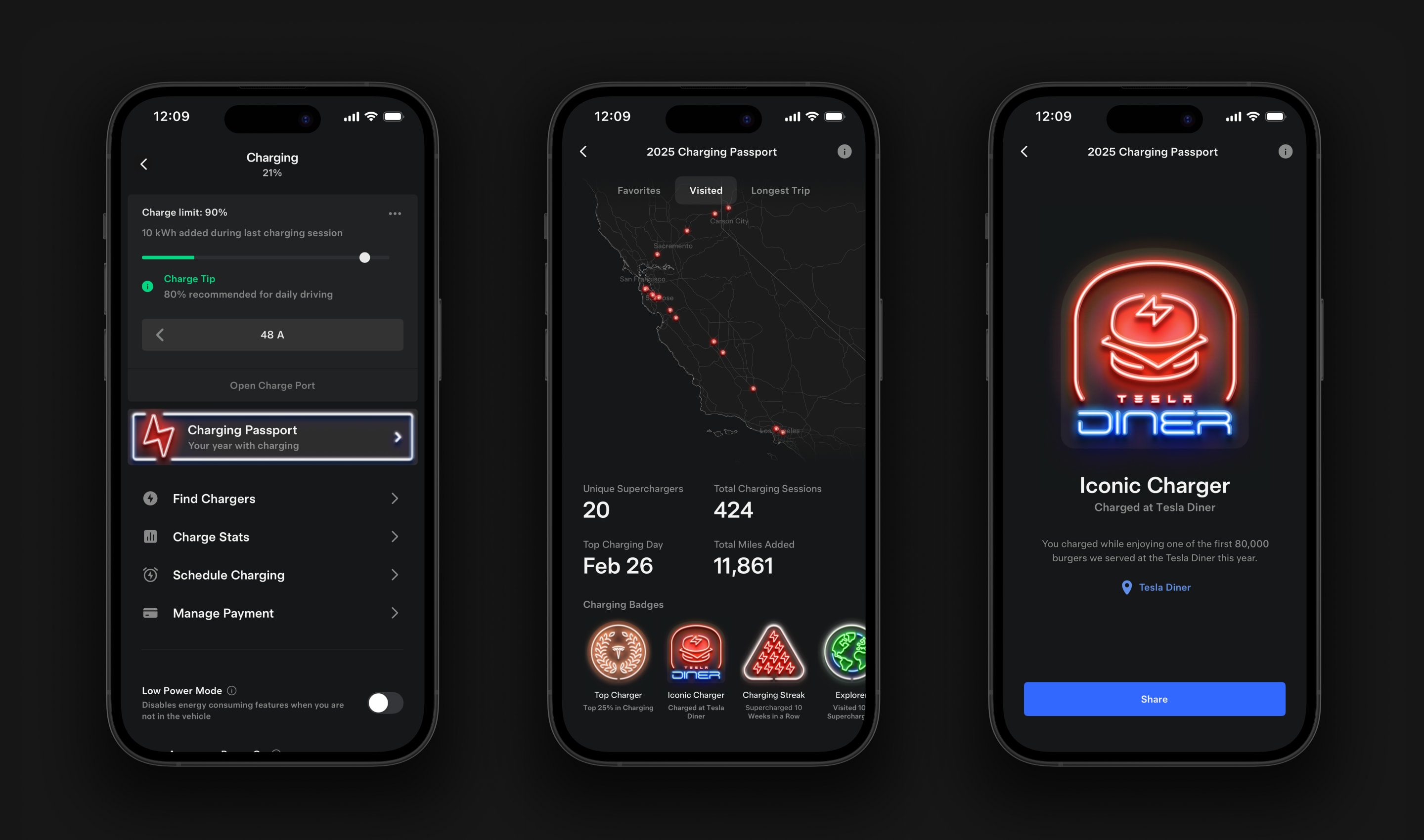 Three phone screens showing various Charging Passport screenshots
