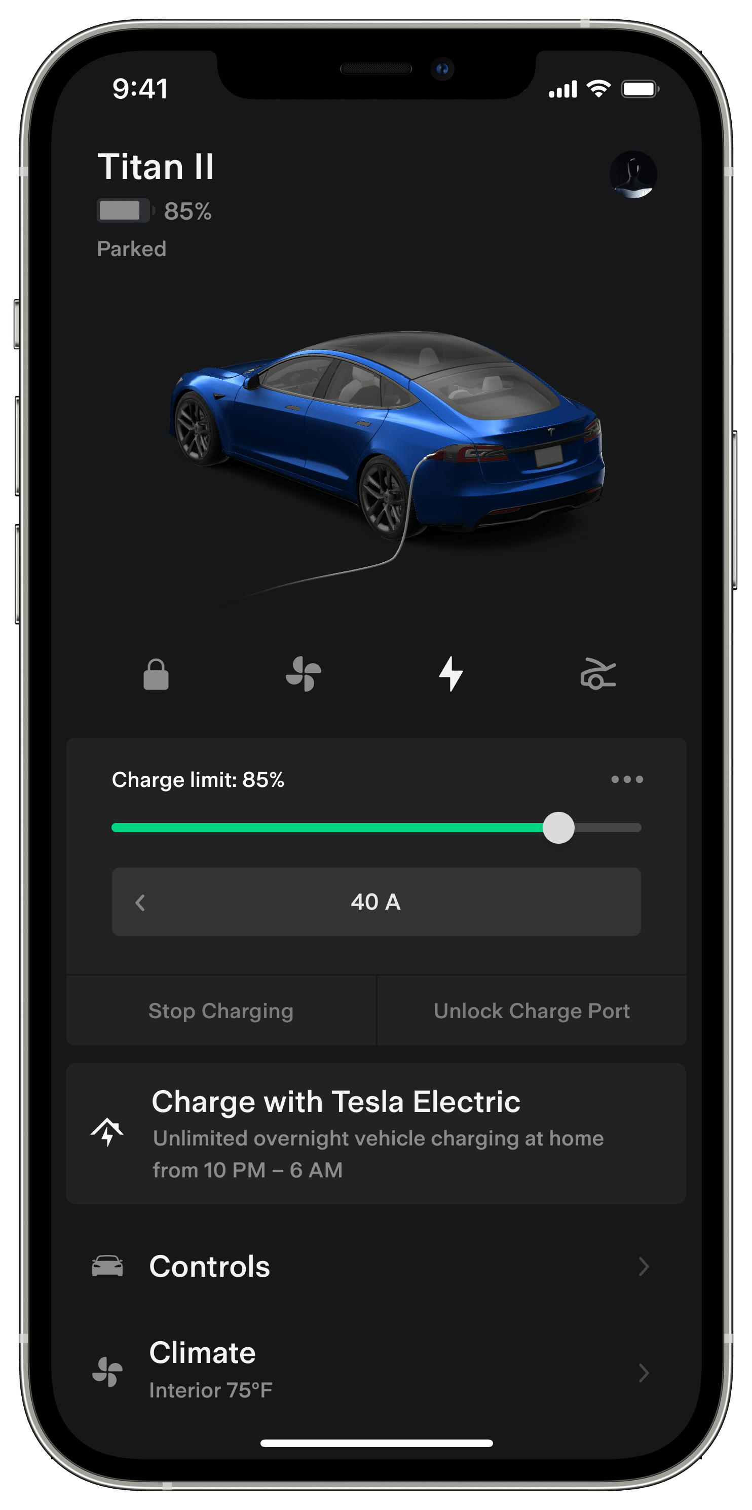 Tesla Electric vehicle charging on Tesla app