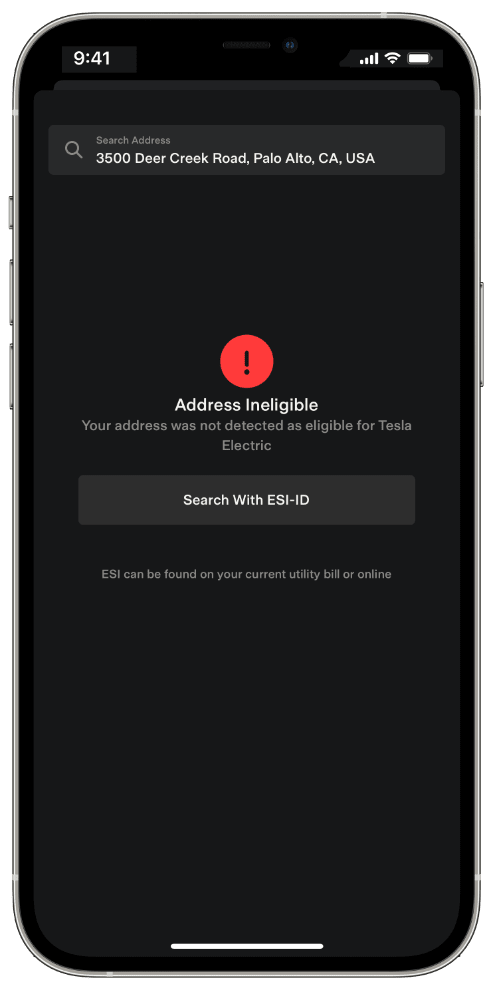 Tesla app screen showing not eligible for Tesla Electric