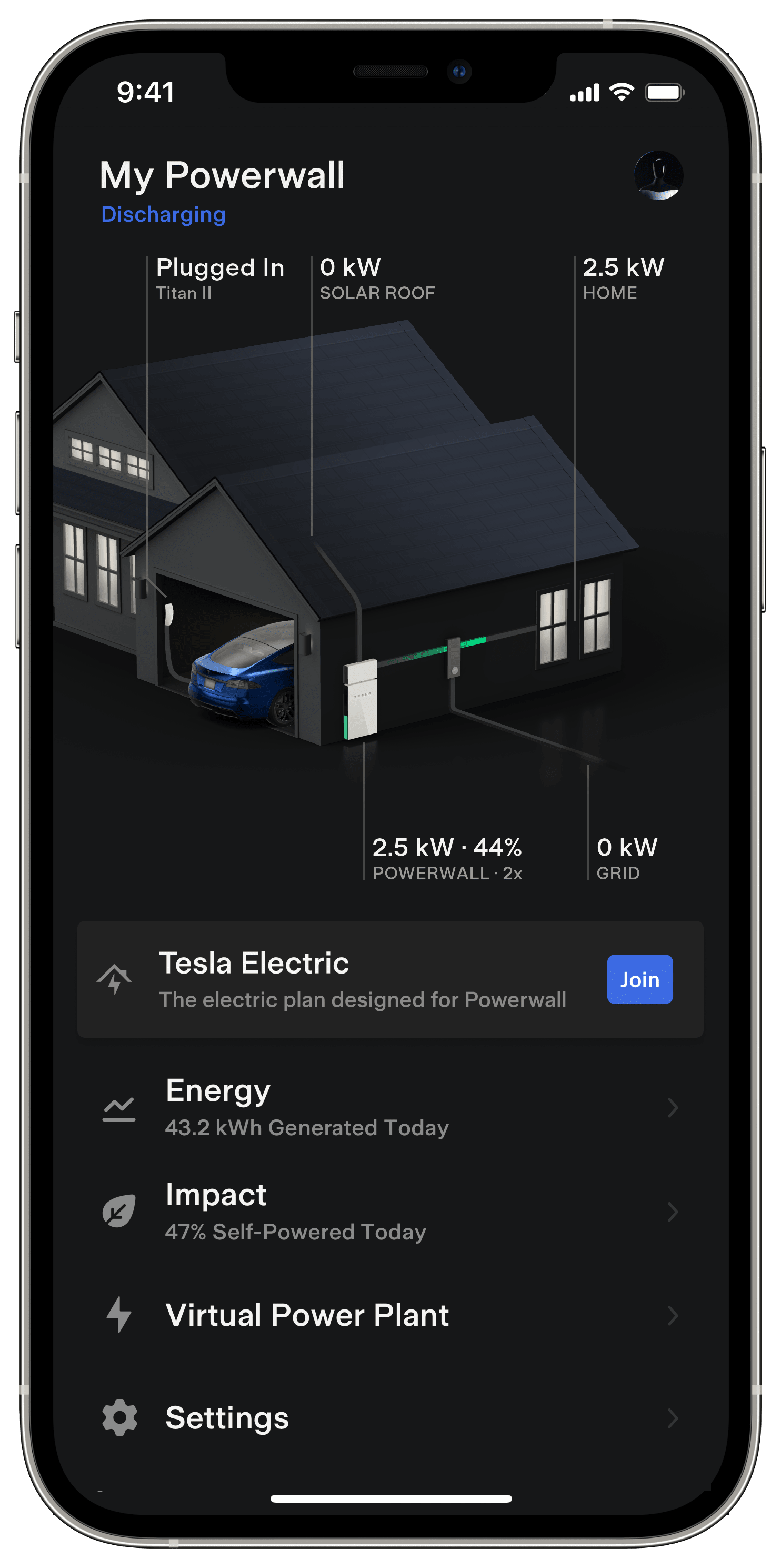 Tesla app screen with Tesla Electric Join button