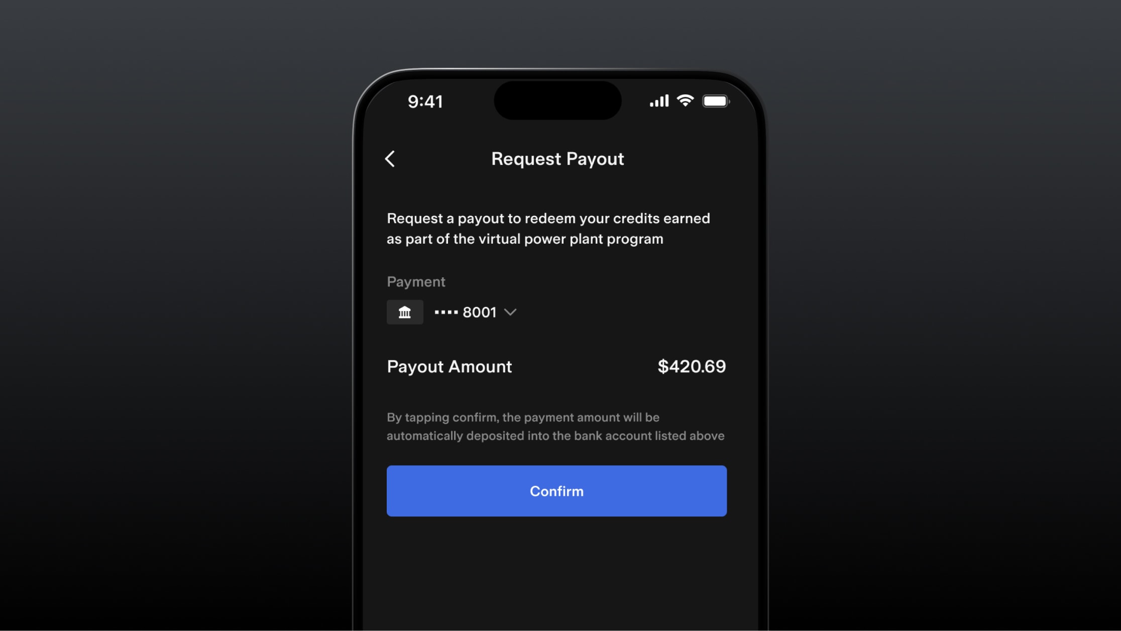 Tesla app view of Tesla VPP payout