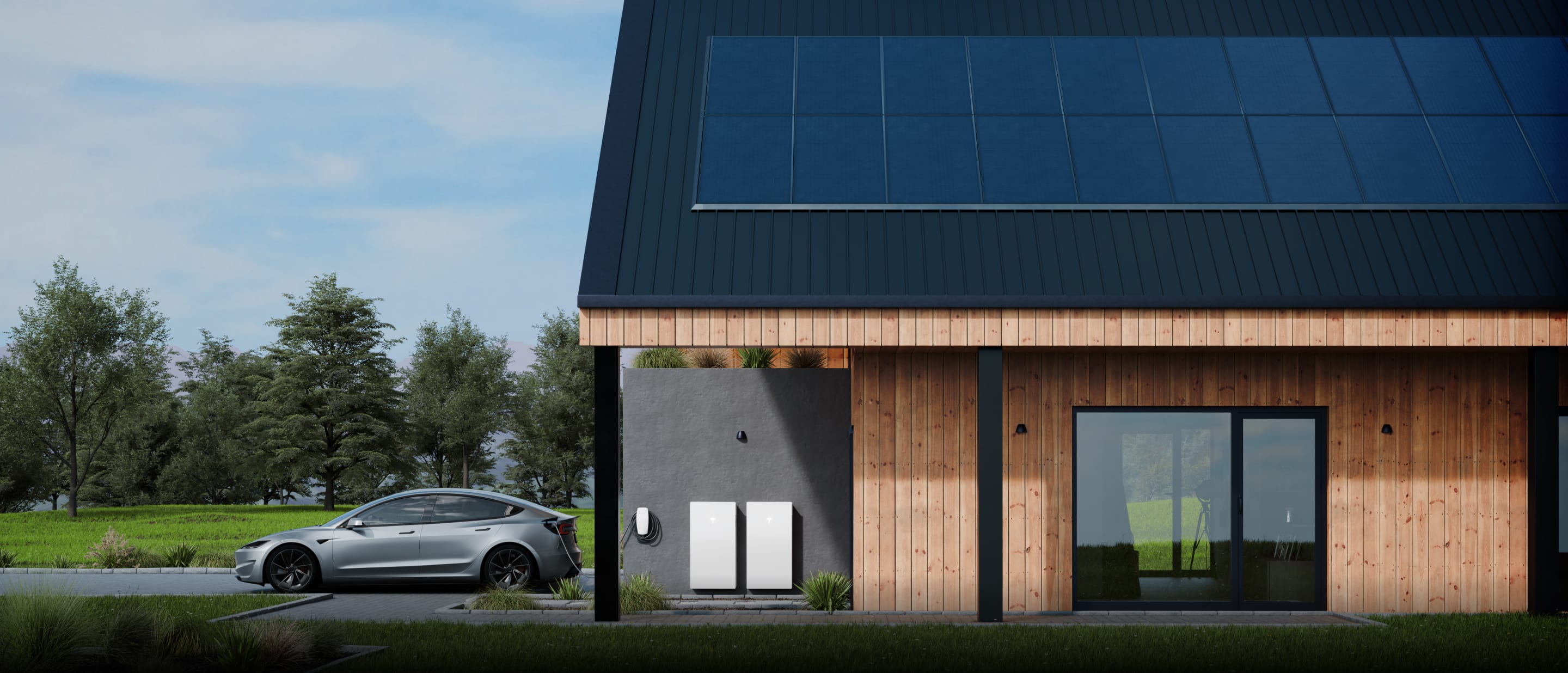 A Model 3 being charged with a Wall Connector and Powerwall 3 in front of a home with solar panels