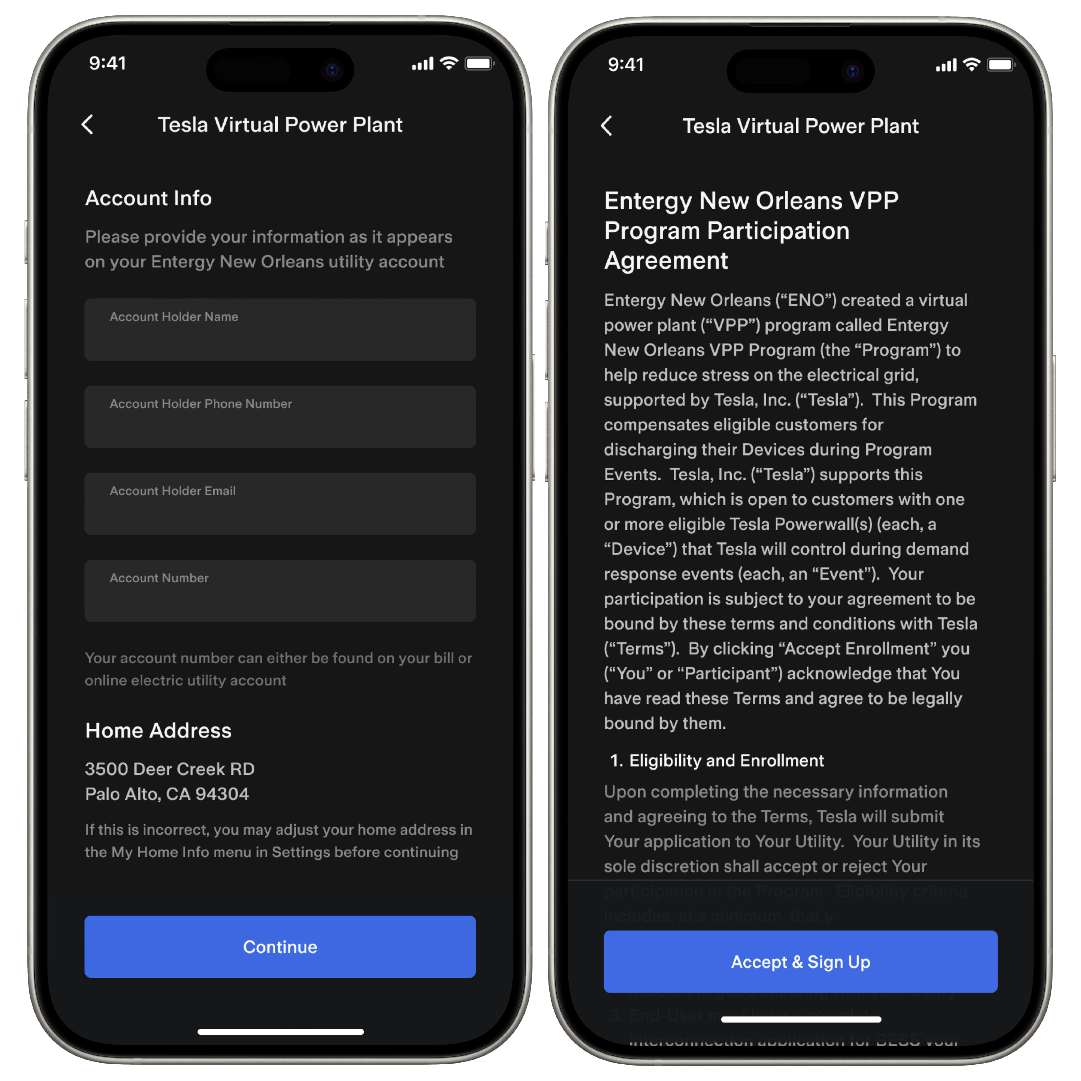 Tesla app in ENO VPP program