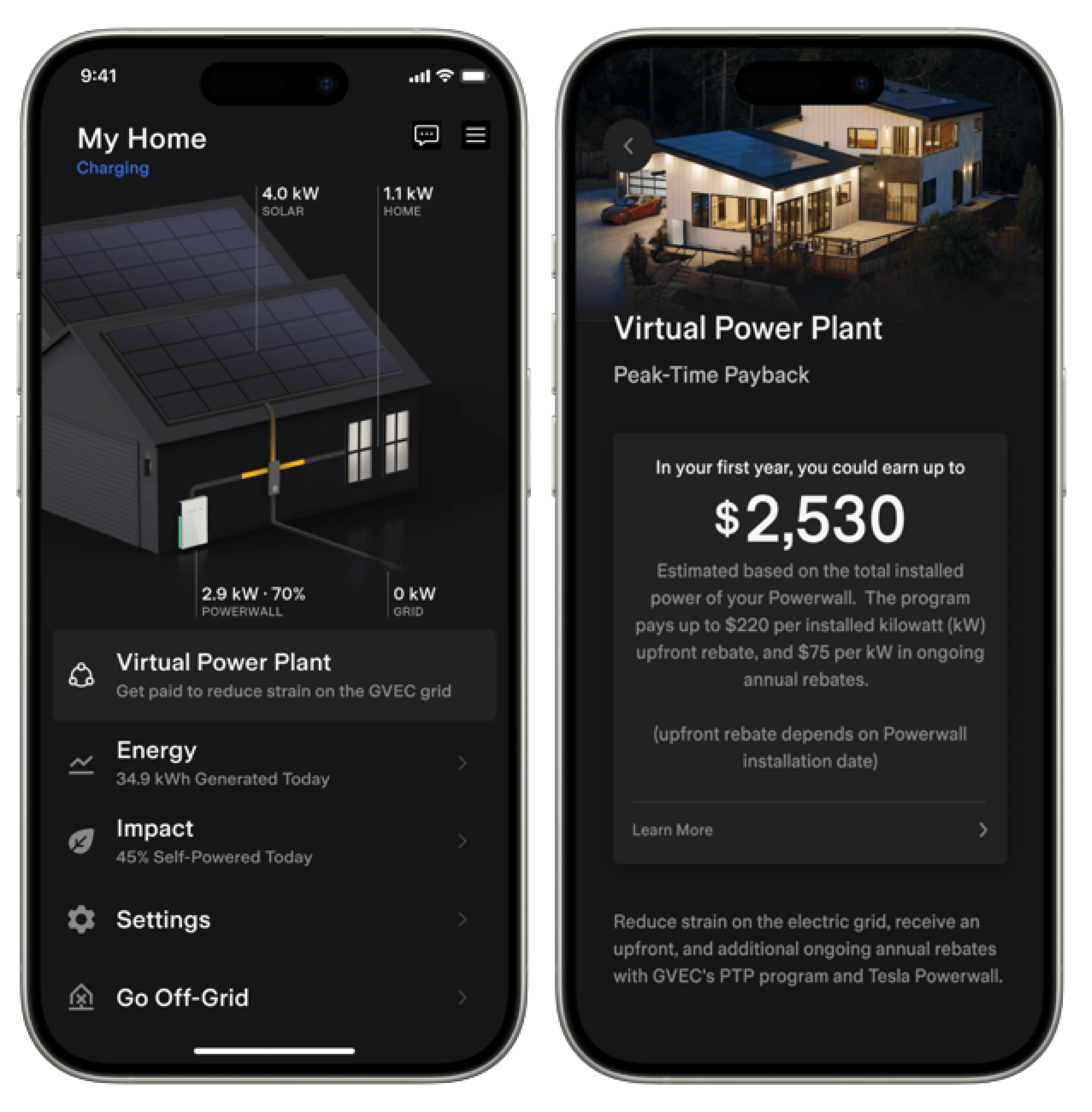 Tesla app home screen with entry point to GVEC Virtual Power Plant