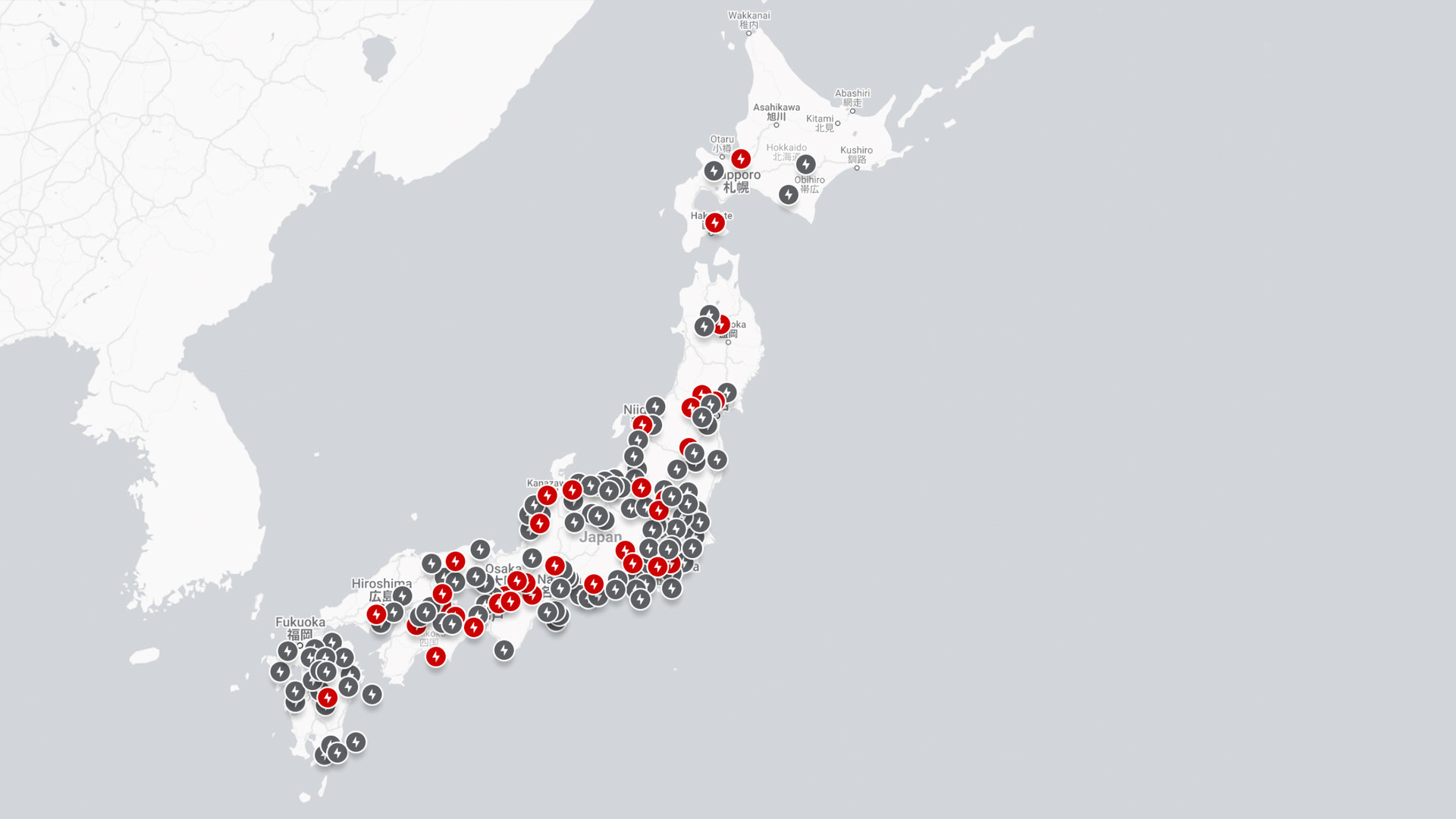 日本にあるスーパーチャージャーとデスティネーションチャージング施設の地図