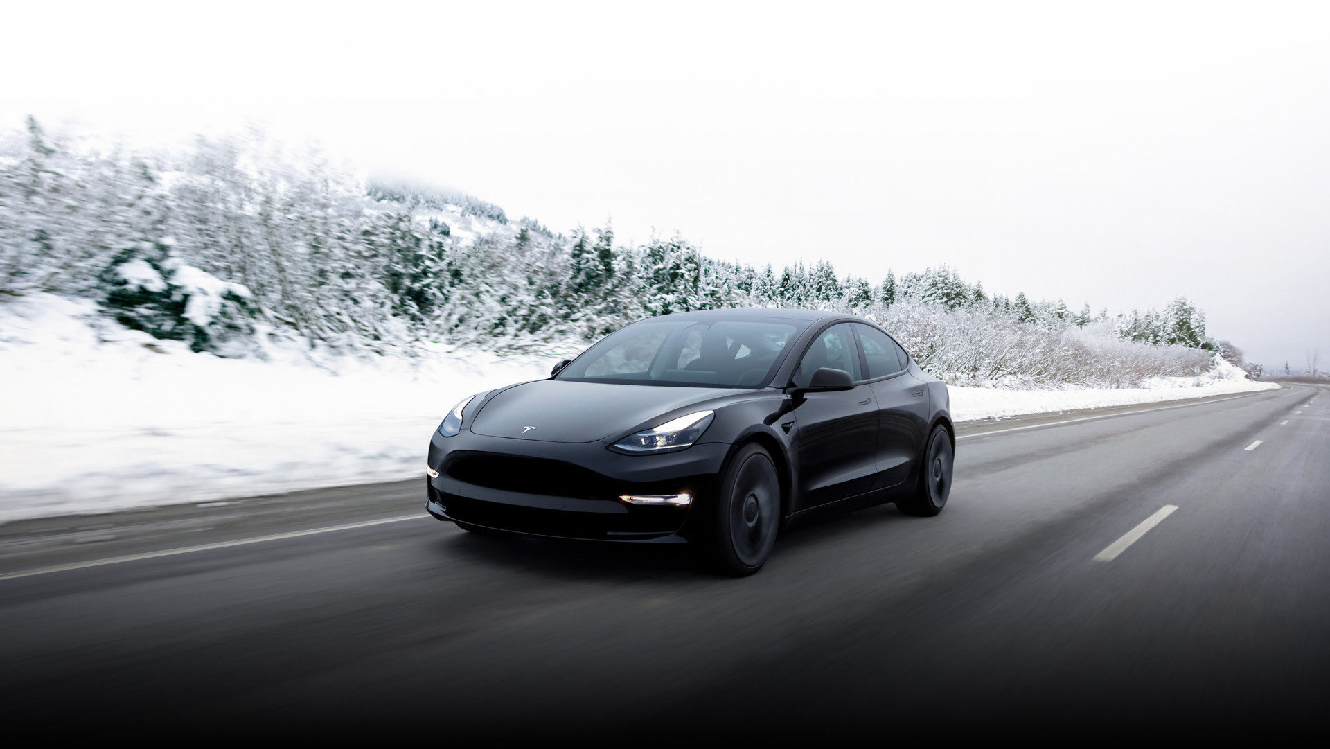 Model Y driving on road with snowy mountains in the background