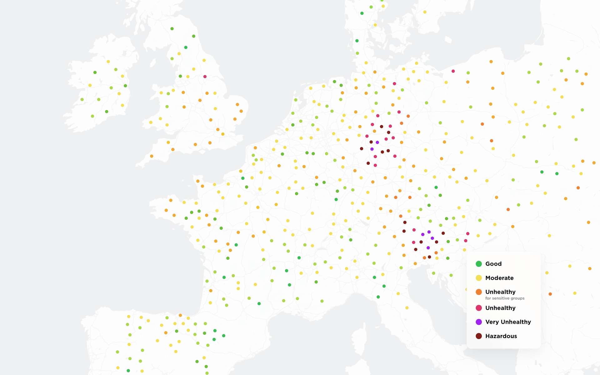 Colorful map showing levels of pollution in different regions