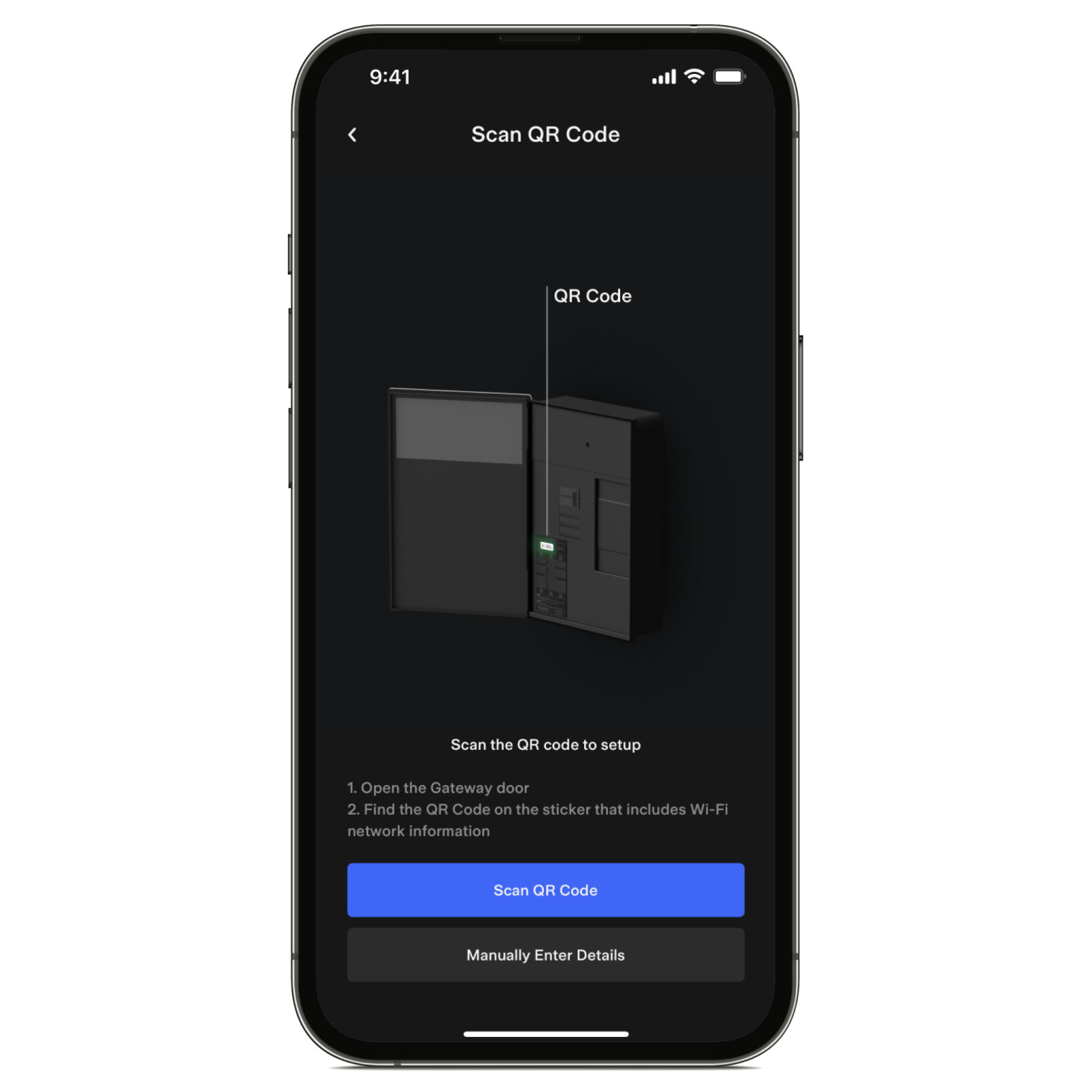 Pantalla de la aplicación de Tesla que muestra la ubicación del código QR en la Powerwall