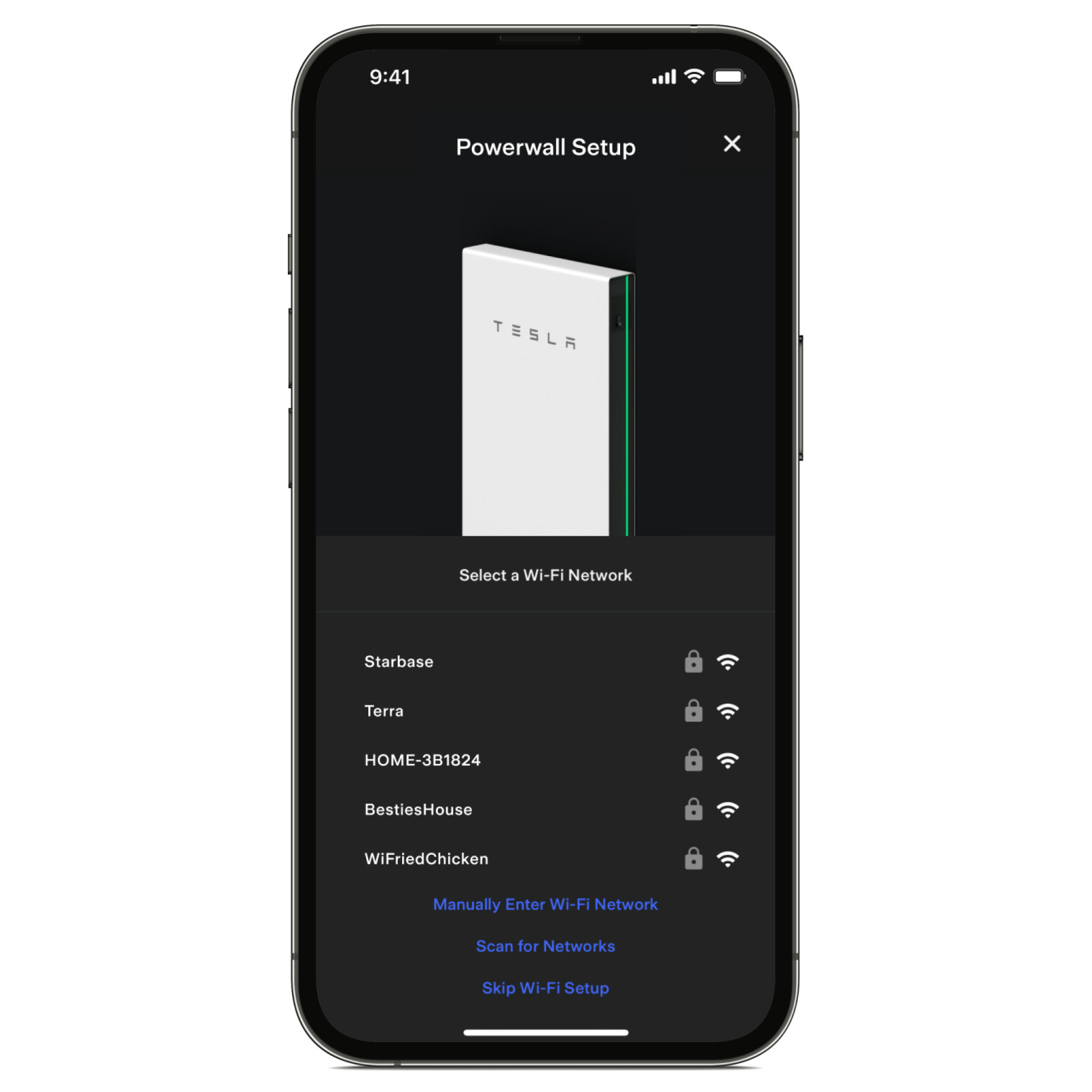 Pantalla de la aplicación de Tesla que muestra Powerwall y redes Wi-Fi