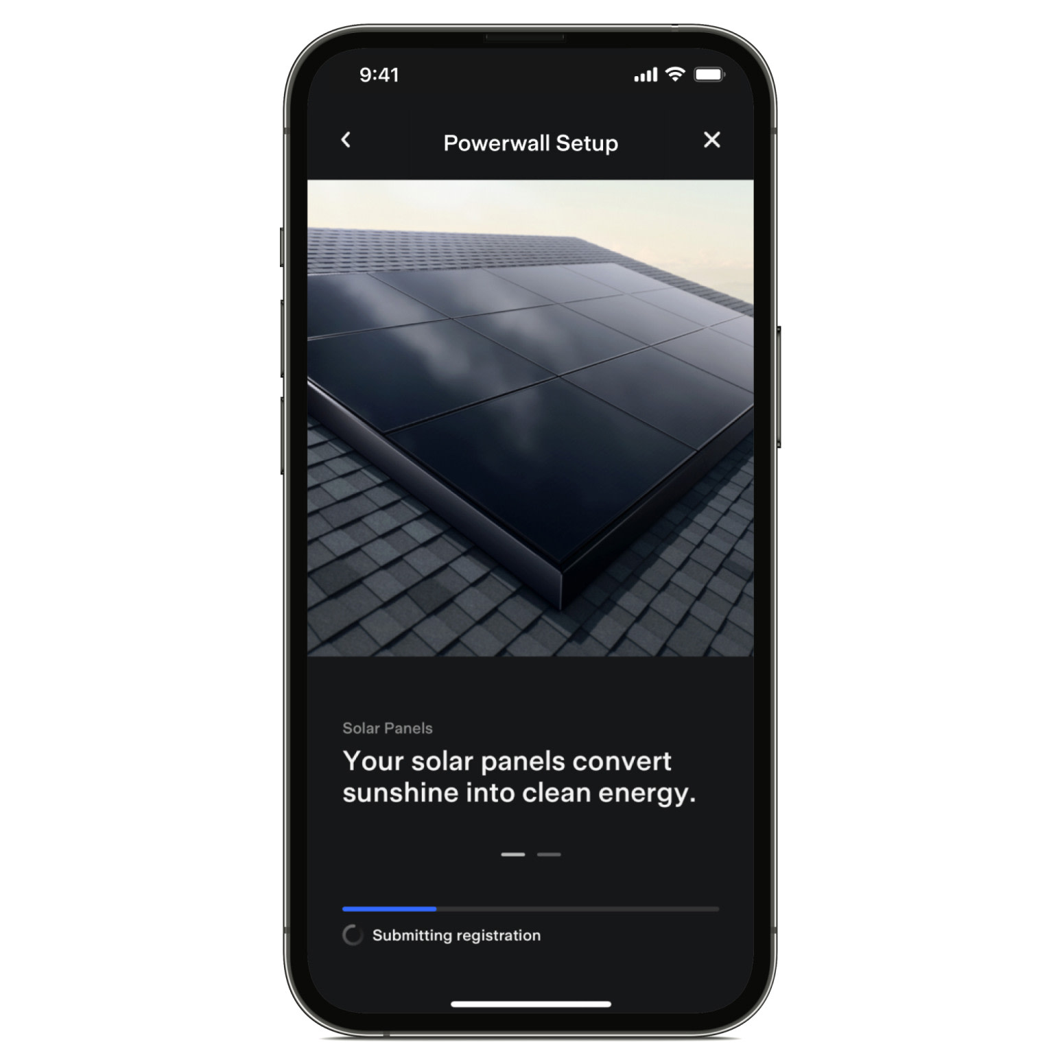 Pantalla de la aplicación de Tesla que muestra el progreso de la configuración de Powerwall