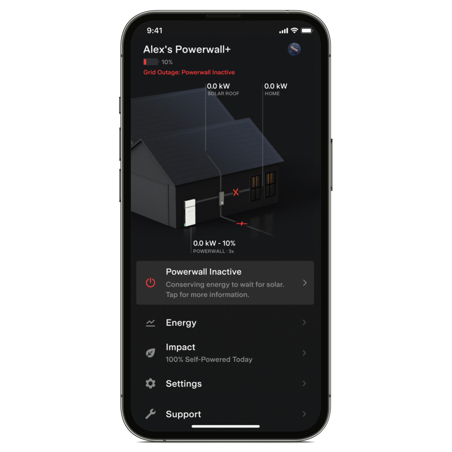 Tesla App Home View with Powerwall Inactive