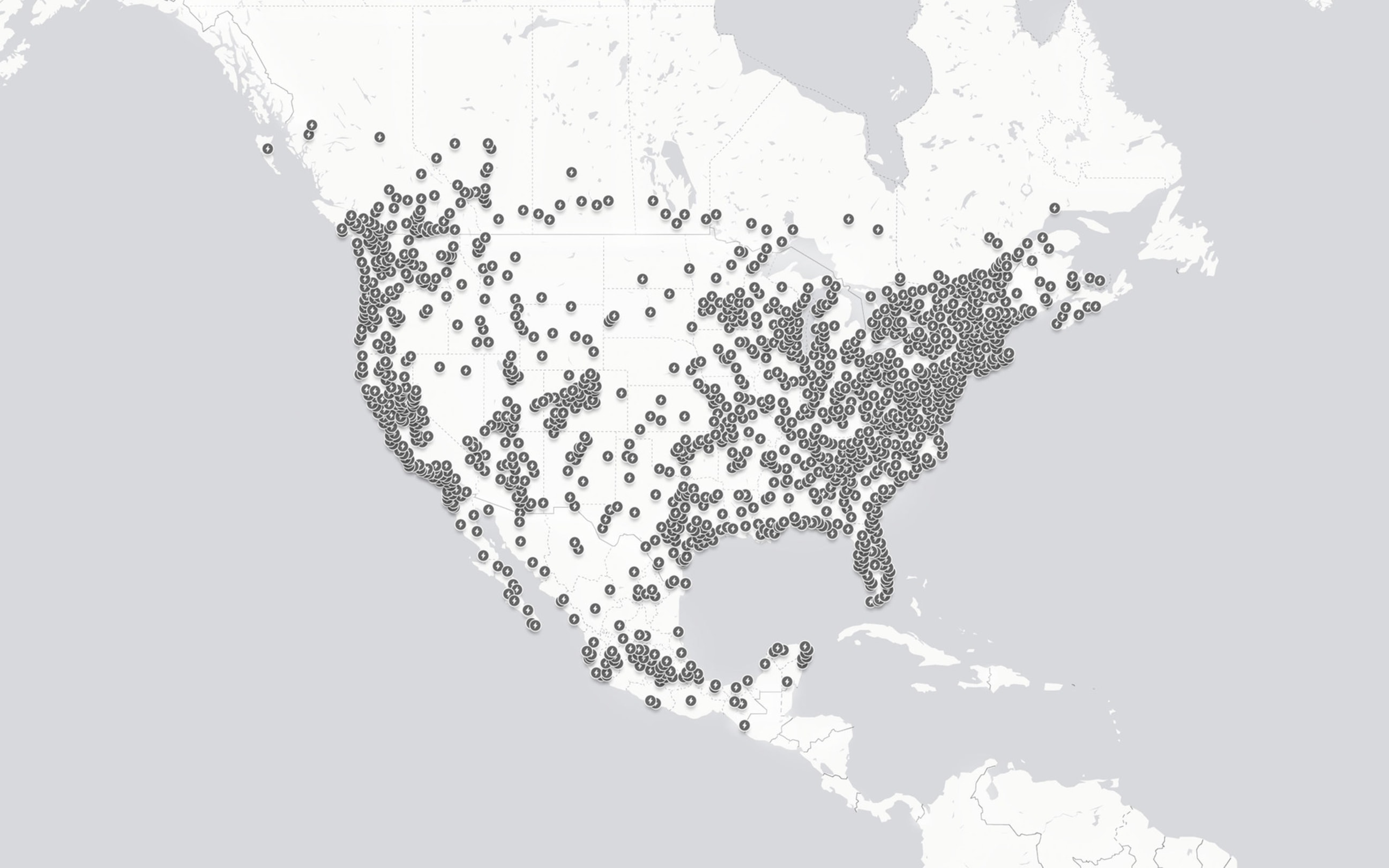 Gray and white map of Destination Charging sites