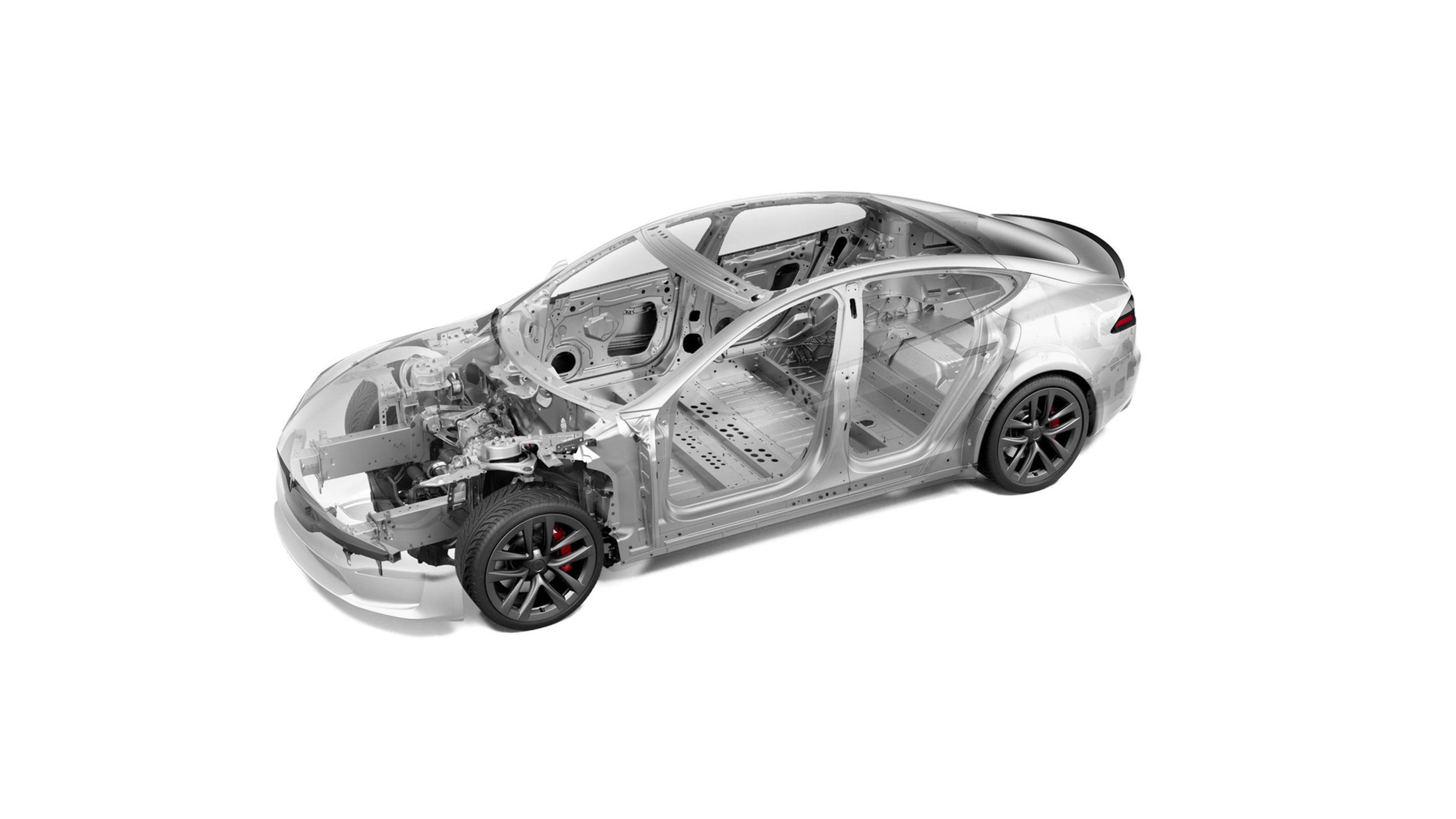 Visualization of the safety features of a Model S Plaid chassis with black 21 inch rims