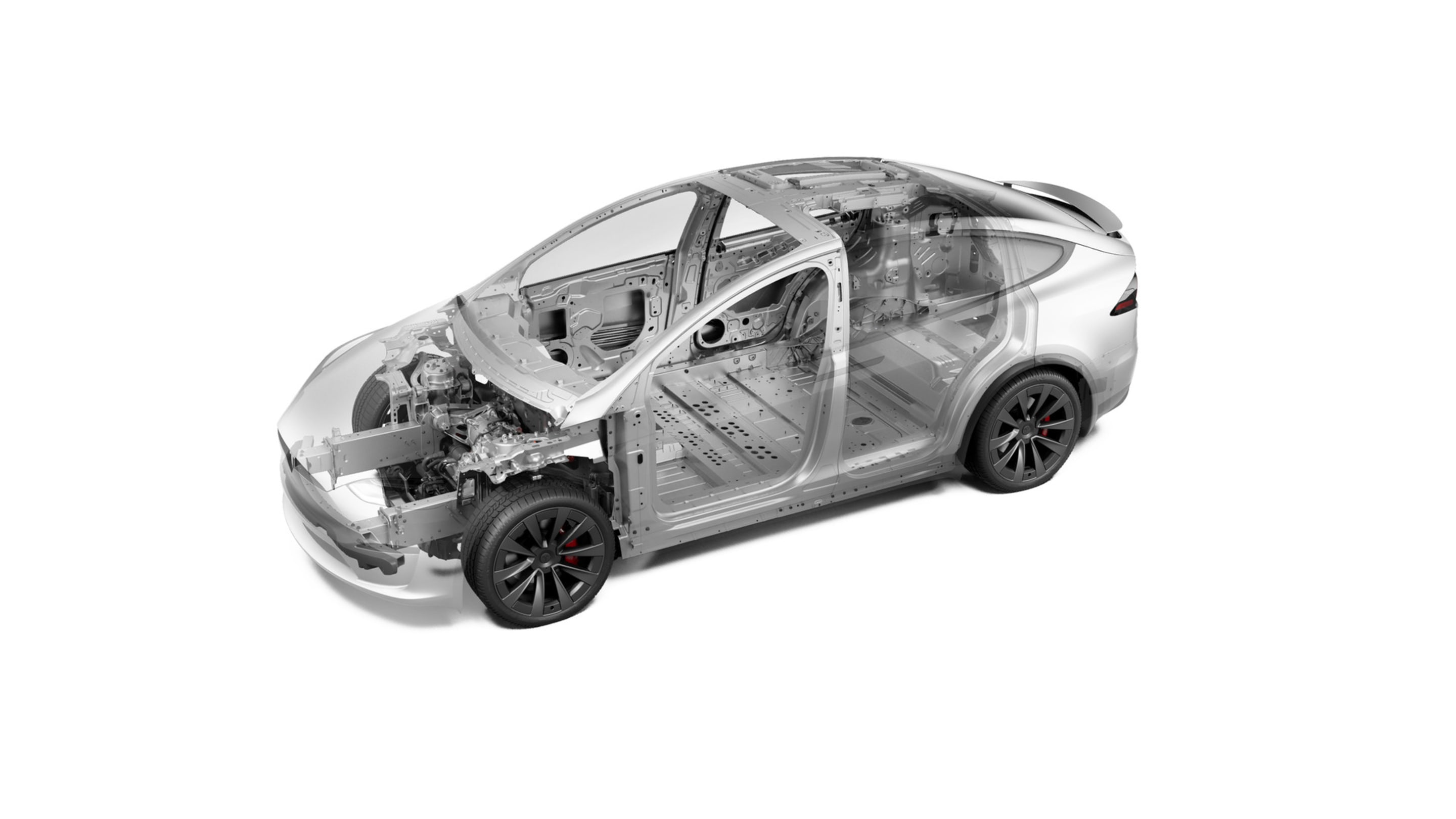 Visualization of the safety features of a Model X Plaid chassis with black 22 inch rims