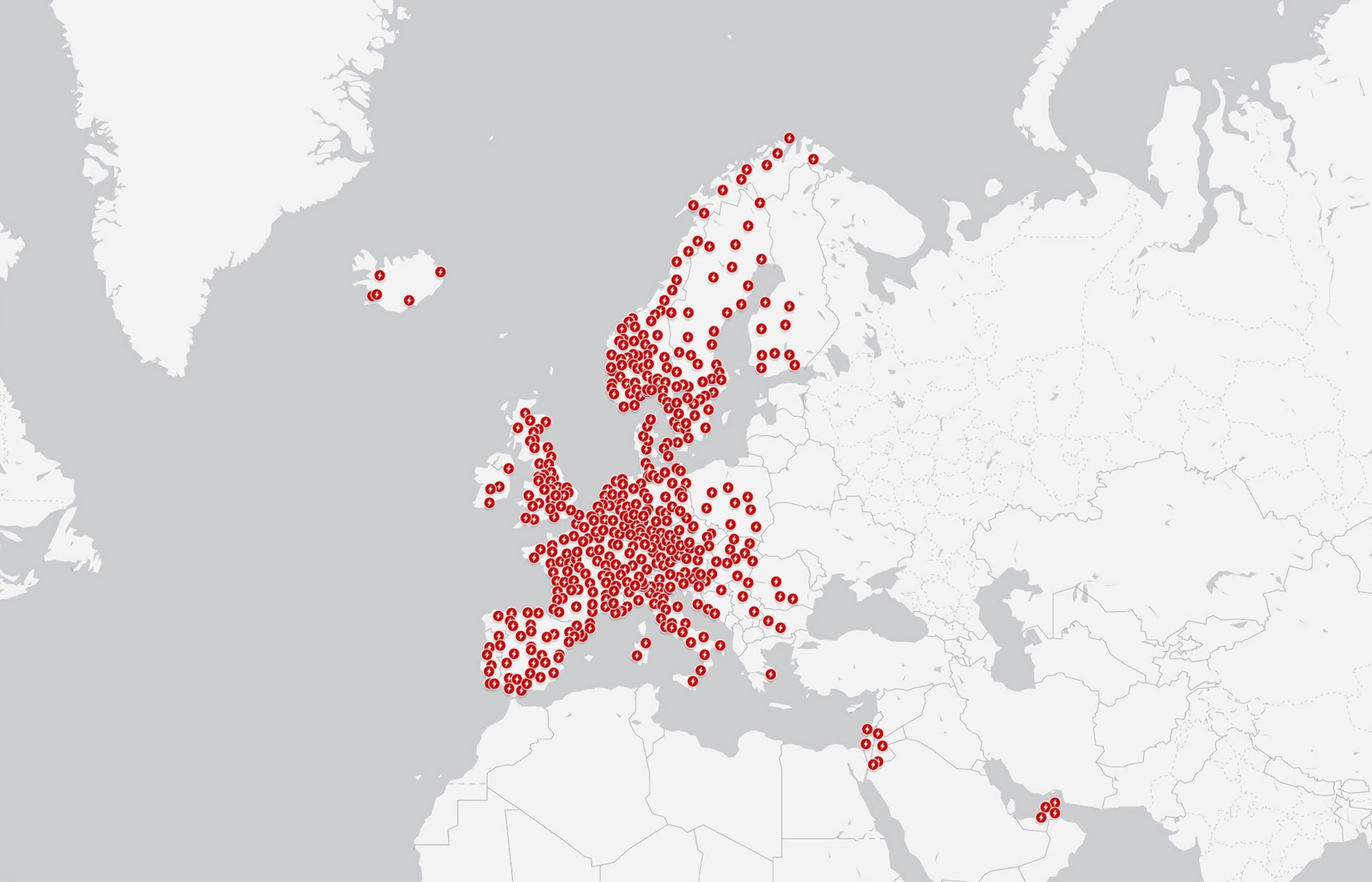 Mapa de Superchargers na Europa e no Médio Oriente