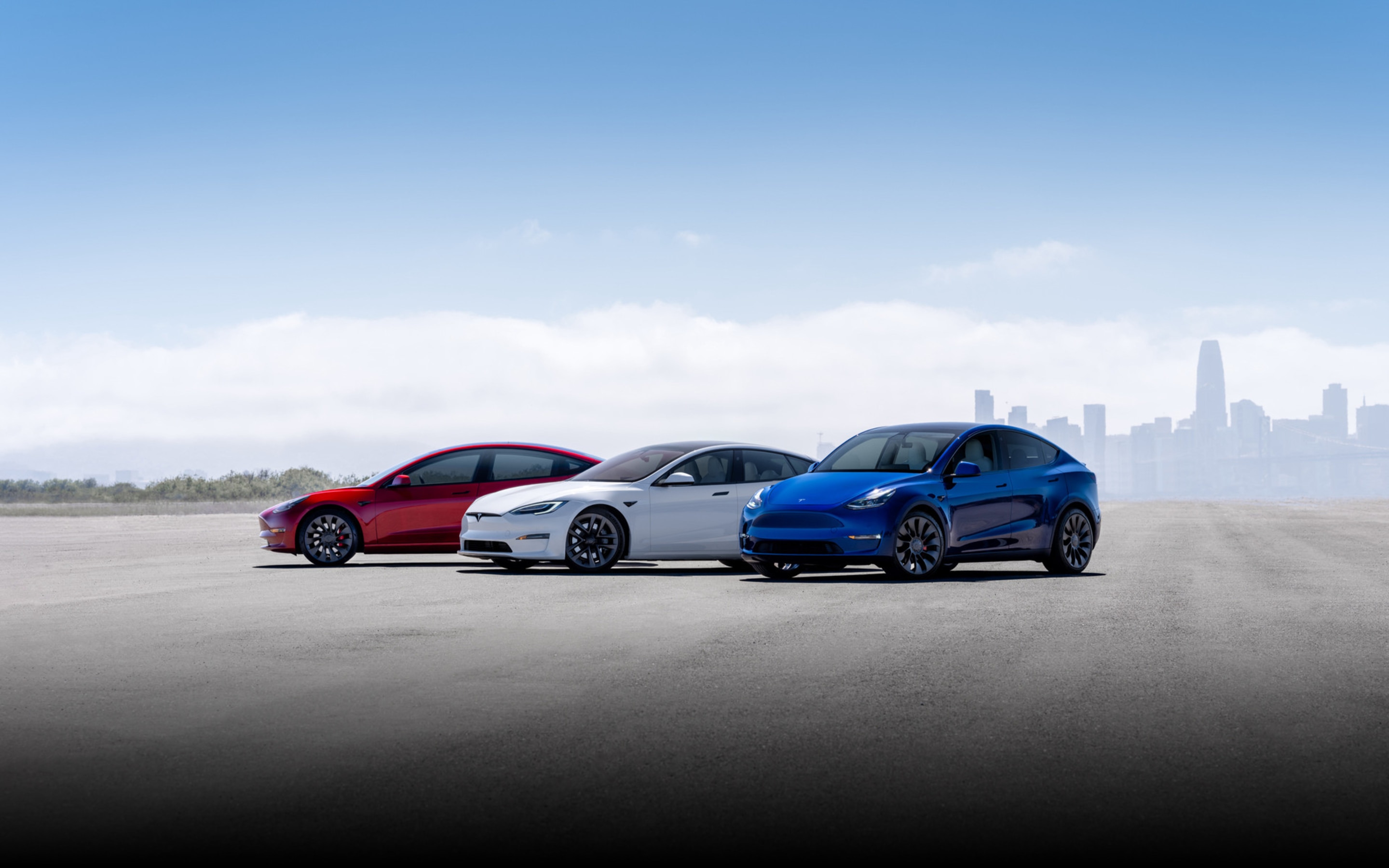 Red Model 3, white Model S and blue Model Y lined up