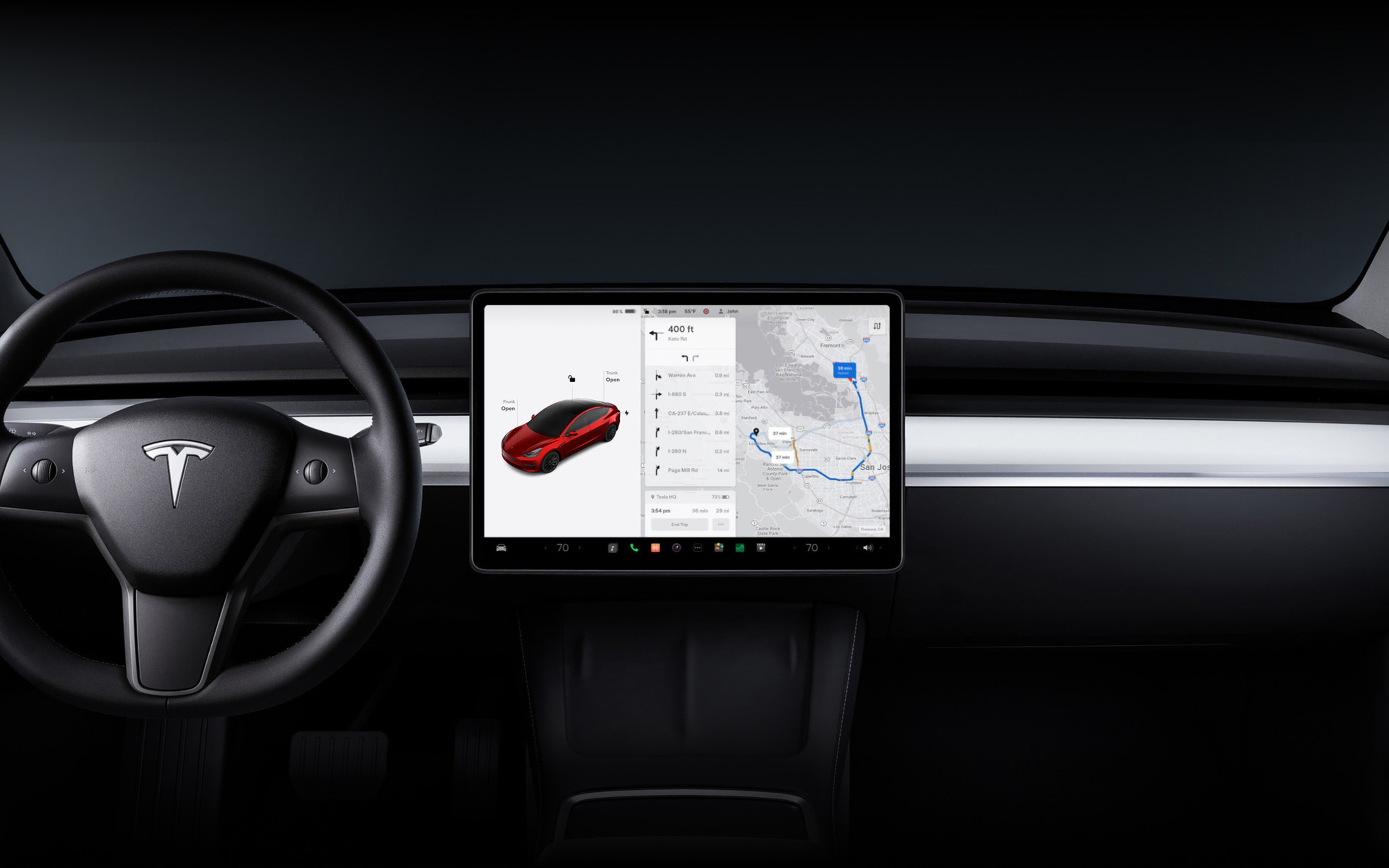 15" dotyková obrazovka ve voze Model 3 s navigací