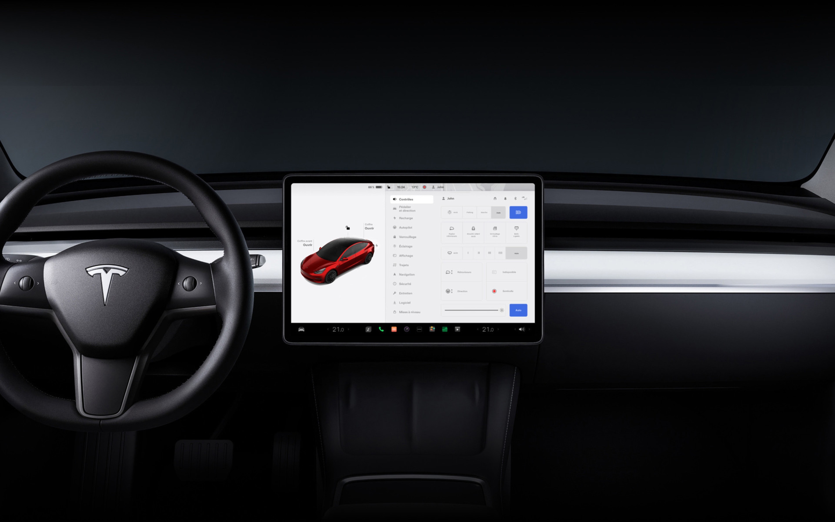 Écran tactile 15 pouces de la Model 3 avec commandes du véhicule