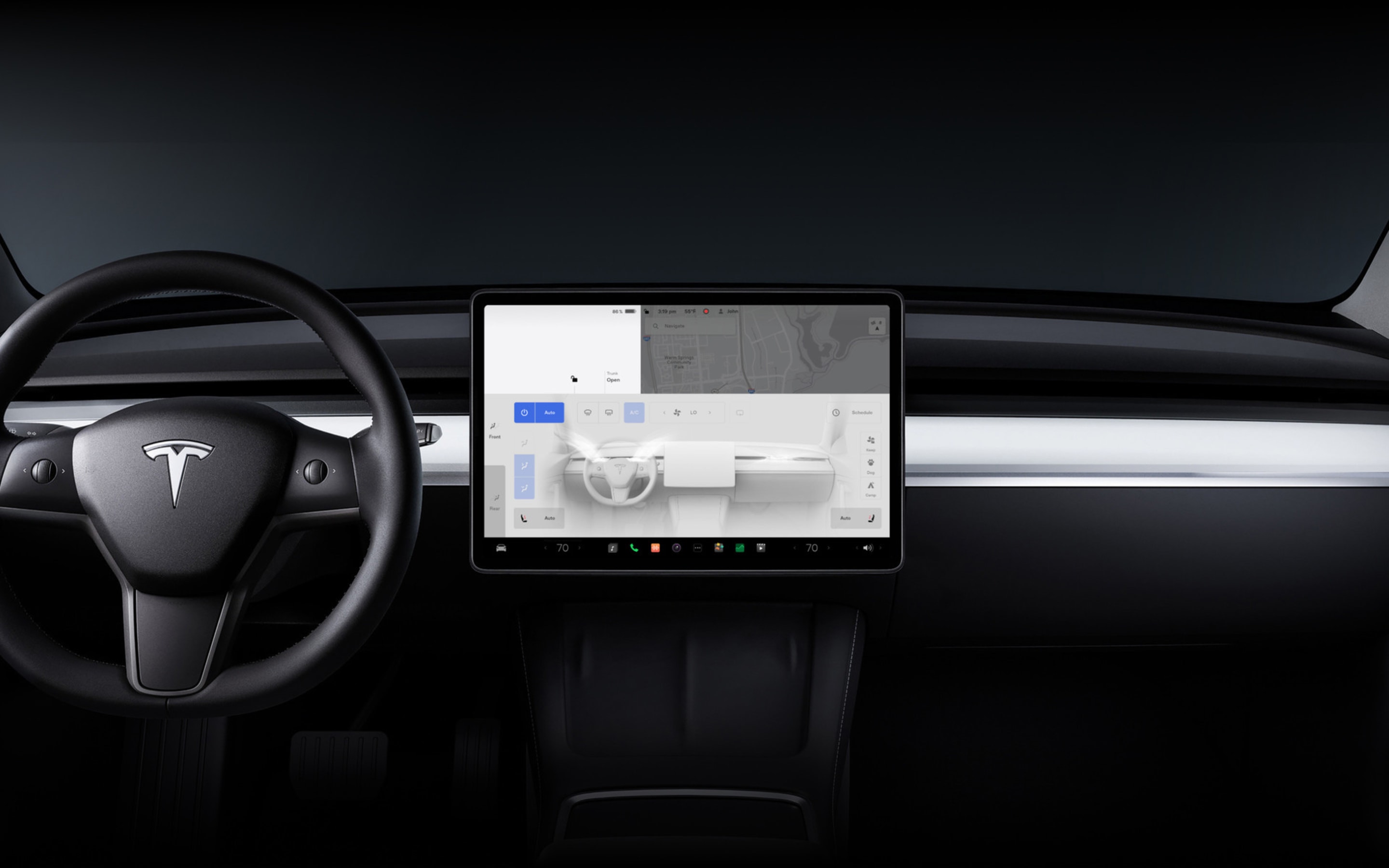 15" dotyková obrazovka ve voze Model 3 s ovládáním klimatizace