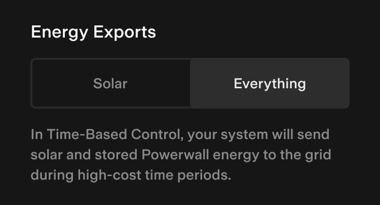 Pantalla de exportaciones de energía de la aplicación de Tesla