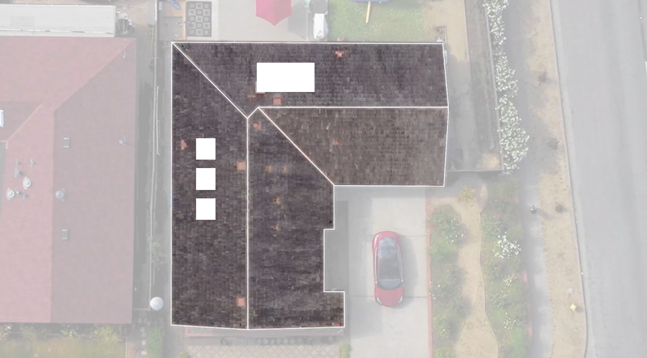 Example has 1 chimney, 3 skylights and 7 vents