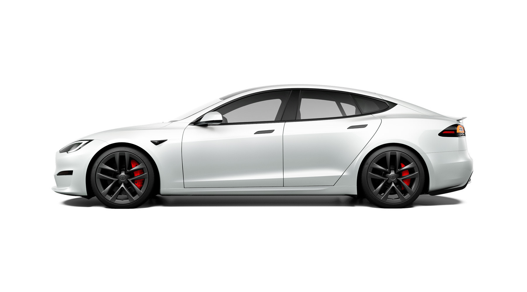 Zijaanzicht van een geparkeerde Model S Plaid in de kleur Pearl White